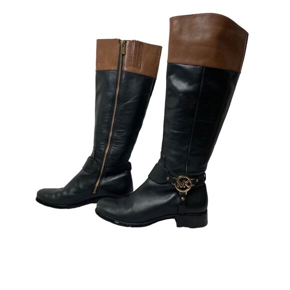 Michael Kors Shoes - Michael Kors Sz 6.5 Tall Riding Boots Gold Logo Fulton AA125F Harness Black/Brow